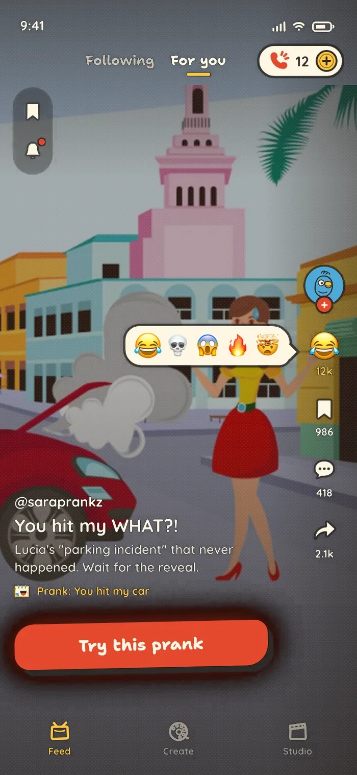 PrankCall AI app feed — AI prank call videos with the Try this prank button