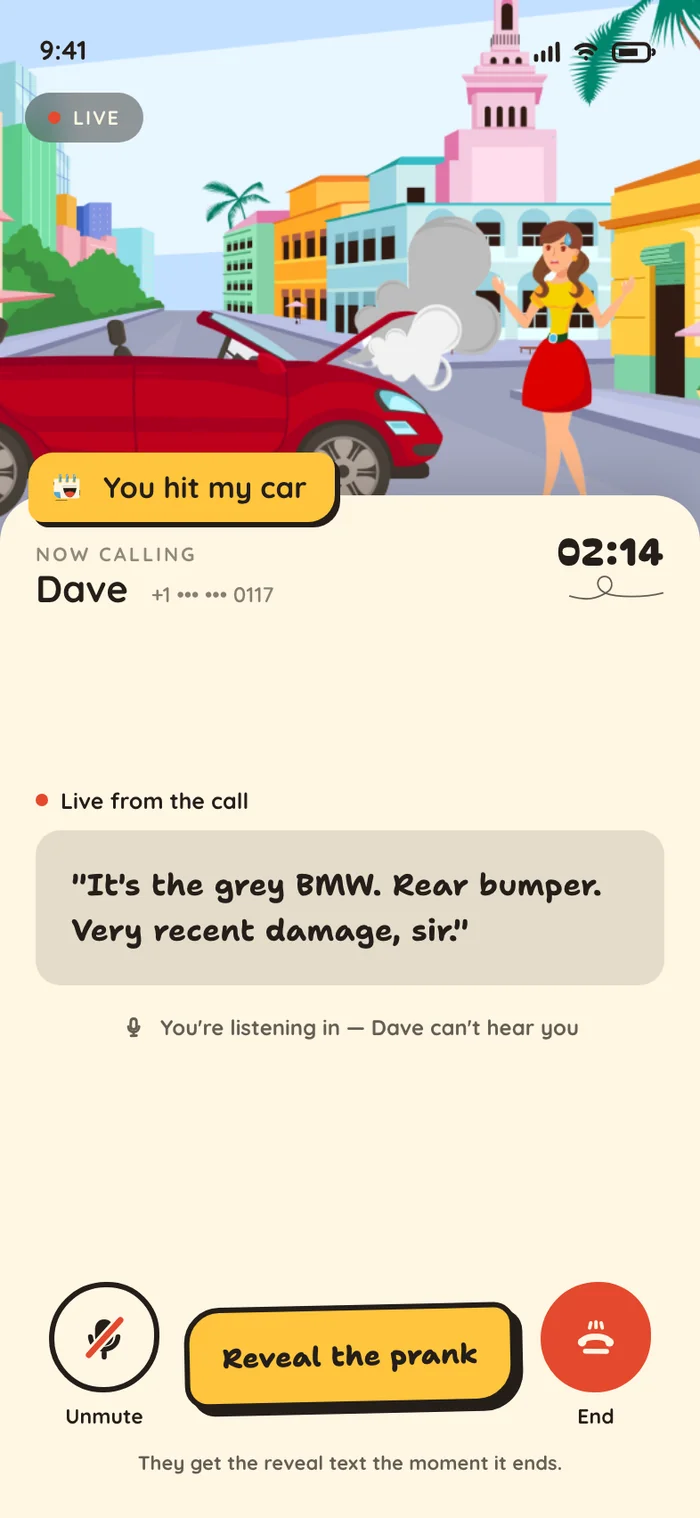 Live prank call screen — listen in live while the AI makes the prank call